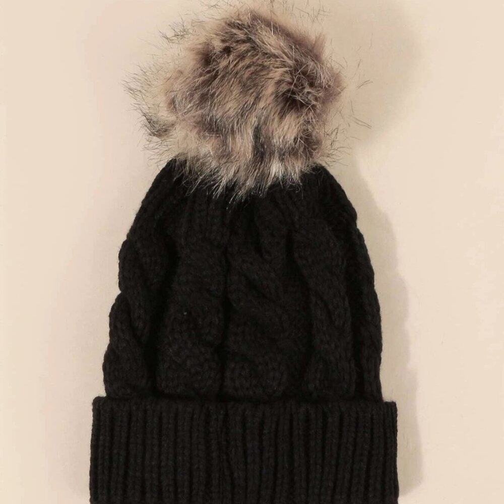 NWT Black Cable Knit Pom Beanie Hat - Picture 2 of 3